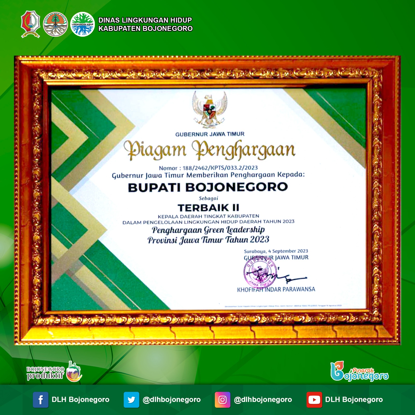 Penghargan Kepala Daerah Green Leadership Tingkat Provinsi Jawa Timur Tahun 2023
